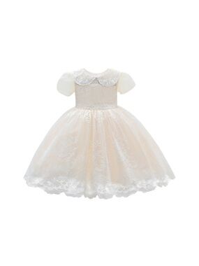 Girls' Cream Lace Tulle Party Dress with Peter Pan Collar